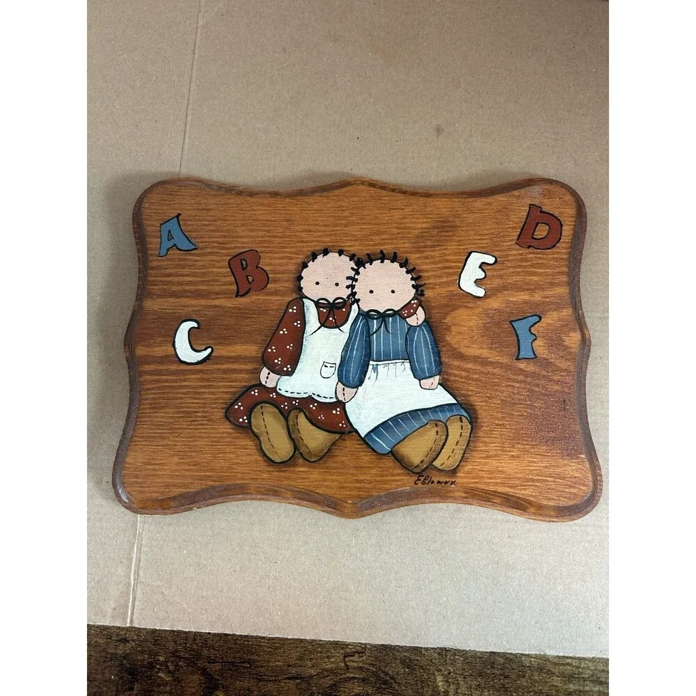 Vintage Wooden Wall Folk Art Kids Dolls ABC Hand Painted 9in Primitive Amish